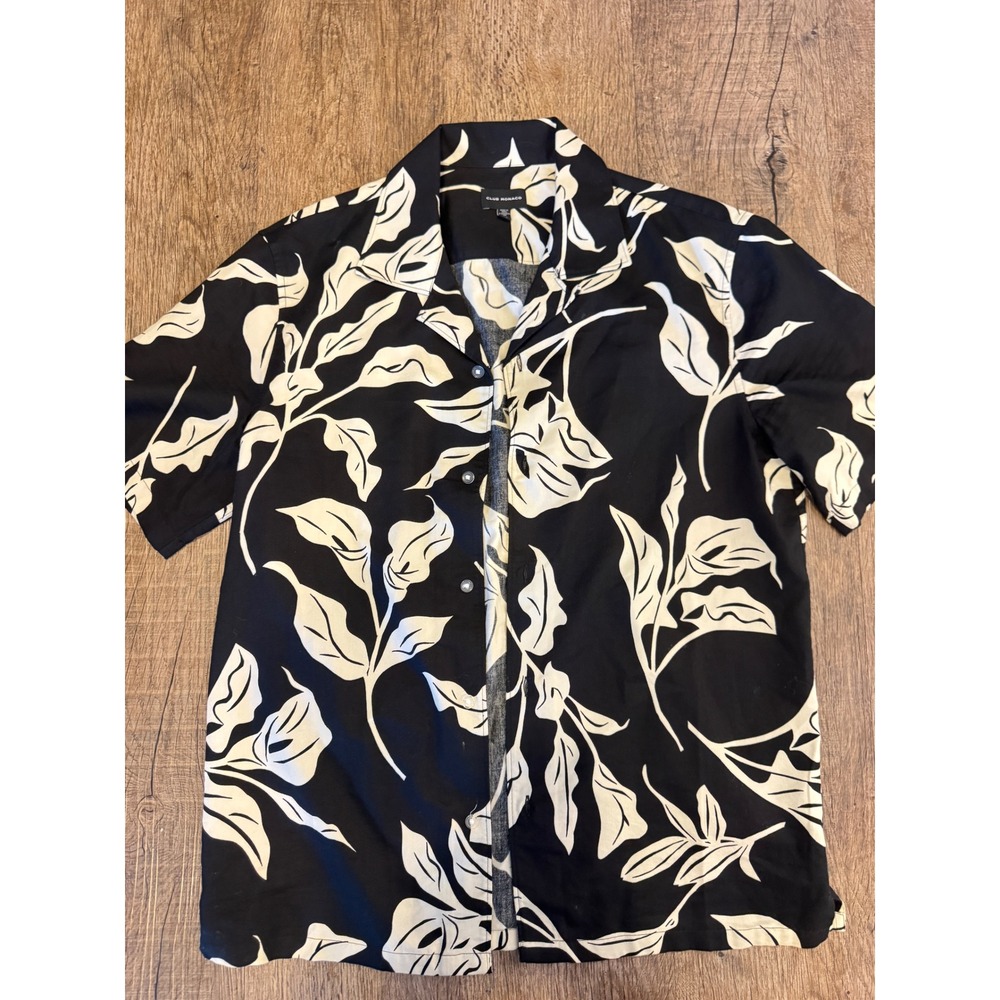 Club Monaco Mens Black White Floral Leaf Print Camp Collar Short Sleeve Shirt L